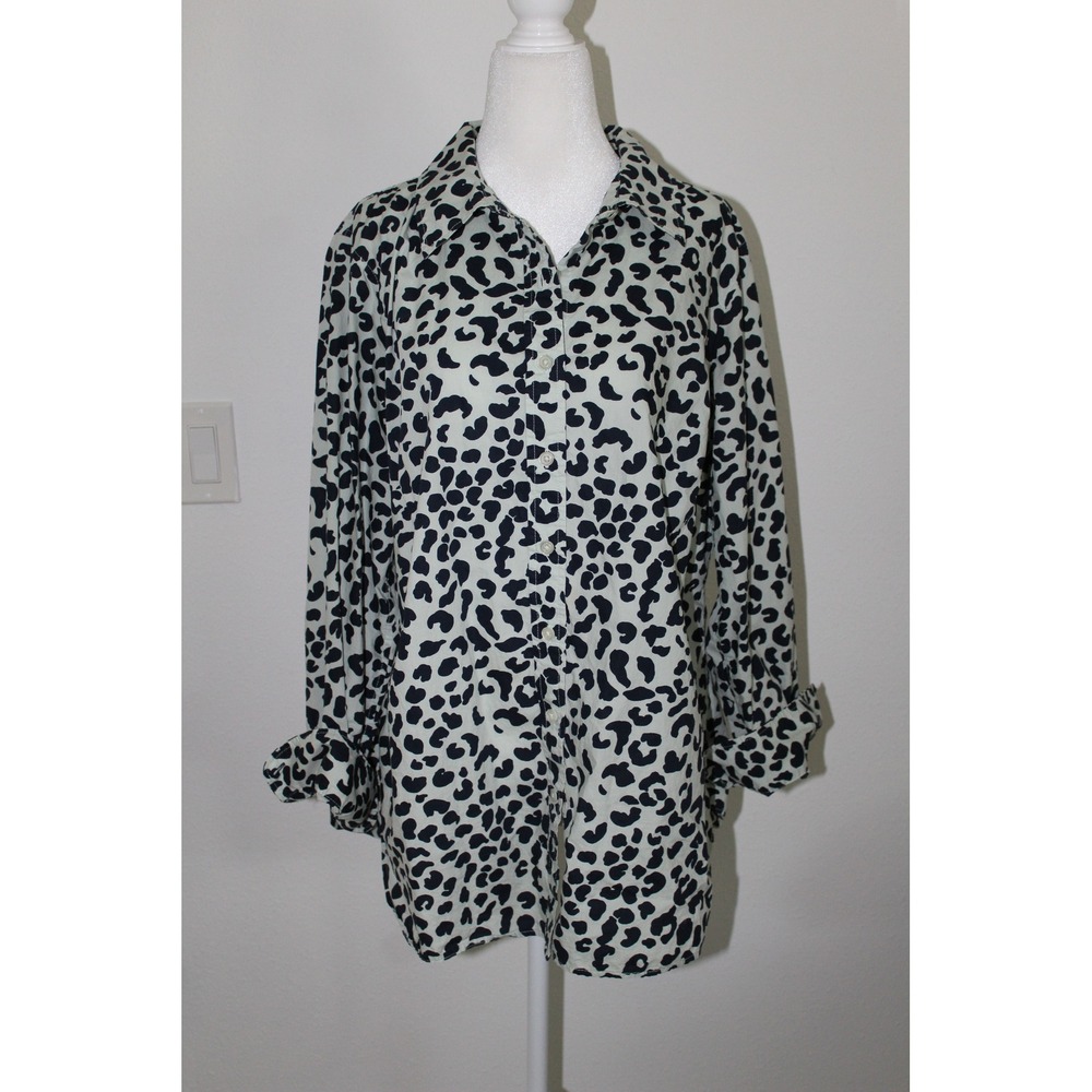 Talbots Plus‎ Women's 1X Leopard Print Cotton Button Down Shirt Mint Teal Navy